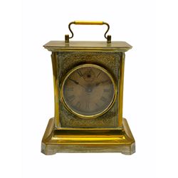 Late 19th century German Junghans “Joker “carriage clock with a musical alarm, engraved rectangular dial plate, circular card dial within an integral glazed bezel, roman numerals, minute track and alarm dial, steel spade hands, glass side panels (one missing) and rear case door, thirty-hour spring driven movement, pin pallet balance escapement, rear wound and set. 
With key.
