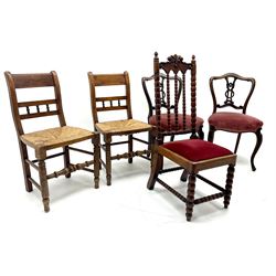 Pair early 20th century elm spindle back chairs, rush seat, turned supports (W47cm) a pair of Victorian rosewood dining chairs (W47cm) and a single bobbing turned fruit wood dining chair (W36cm)