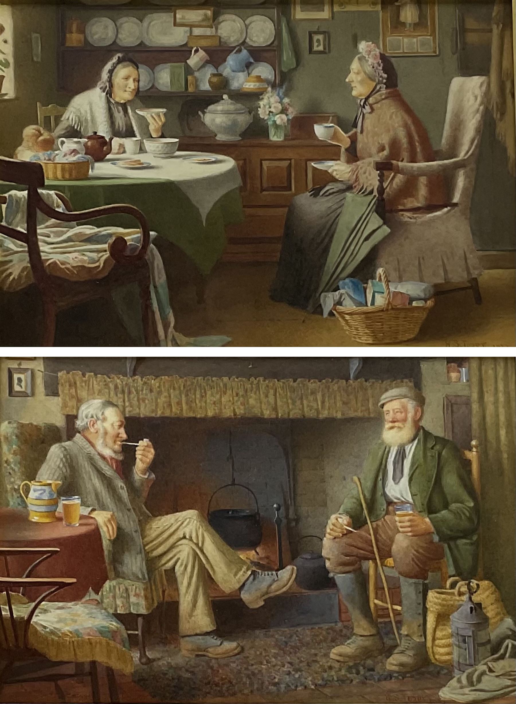 Henry Edward Spernon Tozer (British 1864-1940): 'A Call and A Crack' & 'Tea and Scandal', pair watercolours signed and 1921/22, 22cm x 32cm (2)