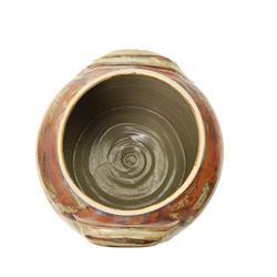 Large Crowan Pottery bread crock, H30cm; together with a studio pottery oval shallow dish, D52cm, and an Alan Caiger-Smith bowl, D42cm, variously marked and inscribed (3)