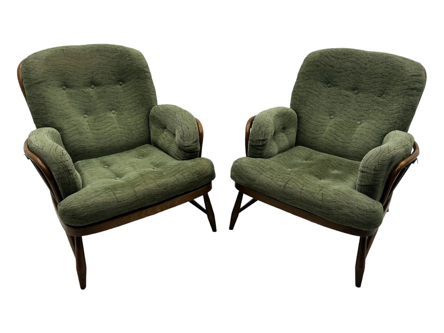 Ercol - mid-20th century three-piece suite, comprising two-seater sofa, upholstered in green fabric with teak frame, on splayed supports with stretcher (W142cm, D95cm, H87cm); with matching pair of armchairs (W82cm, D95cm, H87cm)