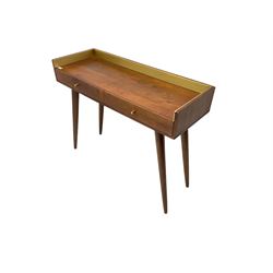 Mid-20th century design mango-wood console table, raised three-quarter back over rectangular top, fitted with two drawers, raised on splayed tapering supports