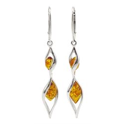Silver Baltic amber twist design pendant earrings, stamped 925 