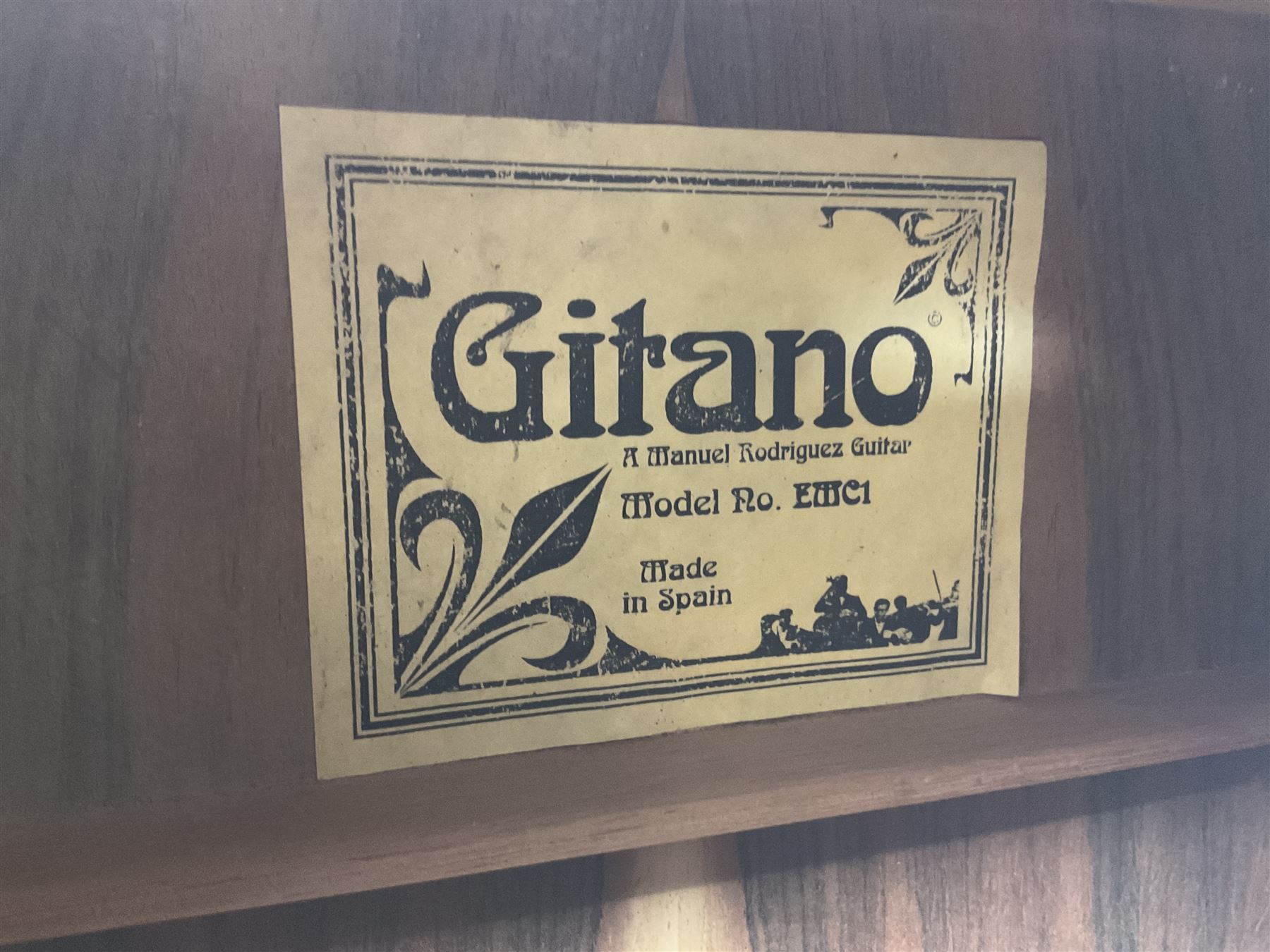 Spanish Gitano Manuel Rodriguez Maccaferri guitar, model no.EMC1; bears label; L98cm; in lightweight carrying case