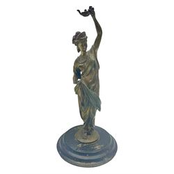 Gilt bronze figure of a lady in neo-classical dress, on a circular wooden plinth, H26cm