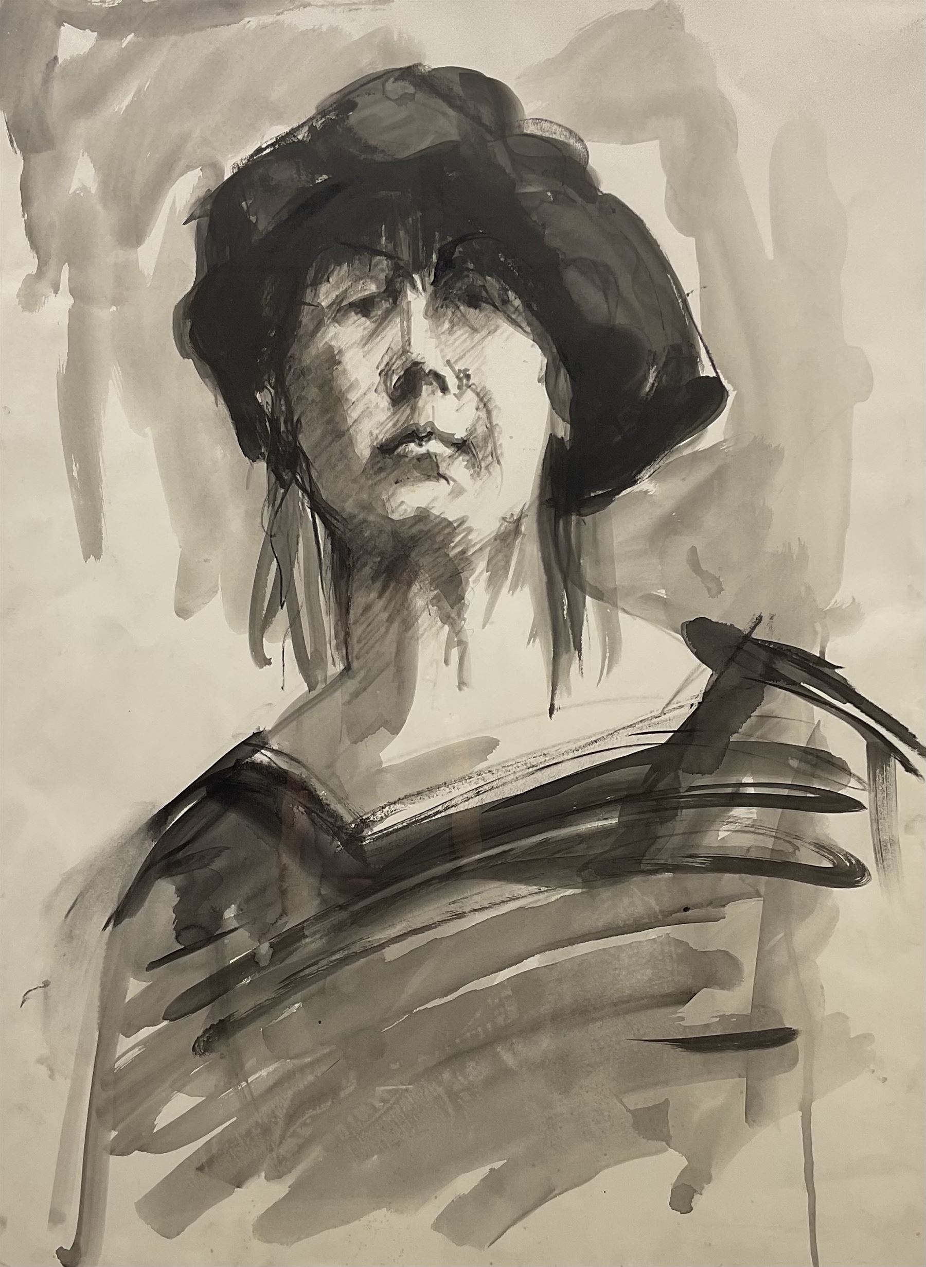 Esther Peretz-Arad (Israeli 1921-2005): Self Portrait, monochrome watercolour unsigned 75cm x 55cm 
Provenance: with the Goldmark Gallery, Uppingham, label verso; from the Peretz-Arad estate