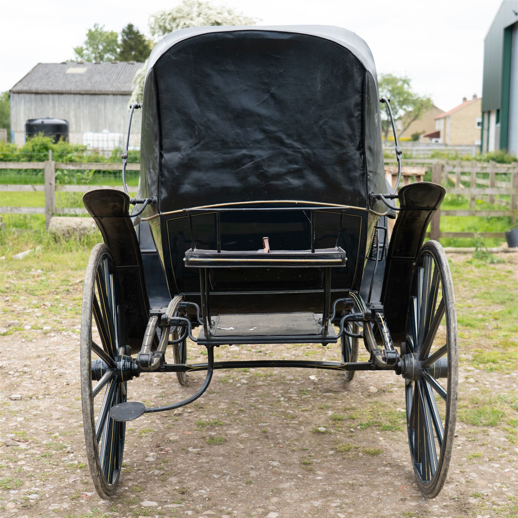 George IV Phaeton Carriage by Mills, Paddington, London

A George IV four wheeled phaeton carriage by Mills, Paddington, London, the hubs stamped accordingly, with black painted bodywork, folding black leather hood, upholstered passenger compartment and rear luggage platform. The carriage is fitted with wooden spoked wheels, yellow coachlining, leaf spring suspension, front mudguards, metal footrests and shafts for single horse use. In original condition by one of the best carriage builders of the day

Features

• Maker’s hubs marked Mills, Paddington, London
• Four wheeled phaeton carriage
• Black painted bodywork with fine yellow coachlining
• Folding black leather hood
• Button upholstered passenger seating
• Rear luggage platform with rail
• Wooden spoked wheels with rubber tyres
• Leaf spring suspension
• Shafts for single horse use
• Front mudguards and metal footrests
• Fitted with a side mounted ratchet hand brake operating on the rear wheel


Dimensions:
Overall length: 305 cm
Width: 160 cm
Height: 213 cm

Wheel Diameters:
Front wheels: 77 cm
Rear wheels: 107 cm

Seating:
Driving seats: 1
Passenger seats: 2