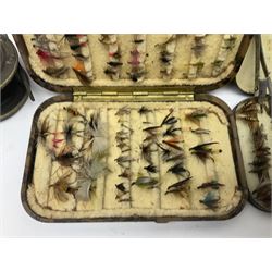 Hardy Bros fly tin containing a collection of fishing flies, together with a similar Charles Farlow & Co example, two brass reels and a fishing basket