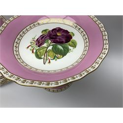 Victorian Copeland, Botanical dessert service, decorated with floral sprigs to the centre with a pink and gilt border, comprising five comports and seven plates, largest comport H20cm, plate D22cm