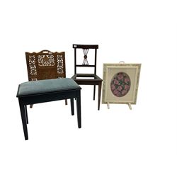 Ebonised piano stool with hinged seat; Hardwood fire screen, pierced and carved with foliate decoration and another screen; Edwardian chair (4)
