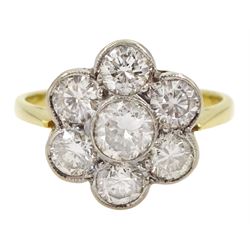 18ct gold seven stone round brilliant cut diamond daisy cluster ring, stamped, total diamond weight approx 1.85 carat