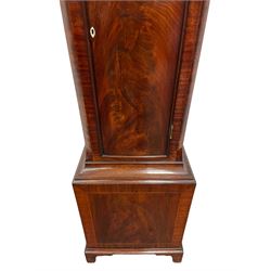 Denton & Fox of Hull – Early 19th century mahogany 8-day longcase clock c1802, pagoda pediment with an oval inlay and three ball and spire finials, break arch painted dial and hood door flanked by reeded pilasters with brass Corinthian capitals, long trunk door with conforming break arch top on a rectangular plinth raised on bracket feet, early Wilson (Birmingham) dial with Roman numerals, five minute Arabic’s and minute dots, subsidiary seconds dial and calendar aperture, with matching steel hands, floral spandrels within raised gesso work and a conforming oval depiction of a young maiden and dog to the break arch, dial pinned via a falseplate to a rack striking movement with a recoil anchor escapement striking the hours on a cast bell. With pendulum and weights.
Joseph Denton was a respected and prolific Hull clock maker working in Scale Lane Hull 1779 and Silver Street 1782-1814. Entering a short-lived partnership with Charles Fox from Beverley in 1802.
