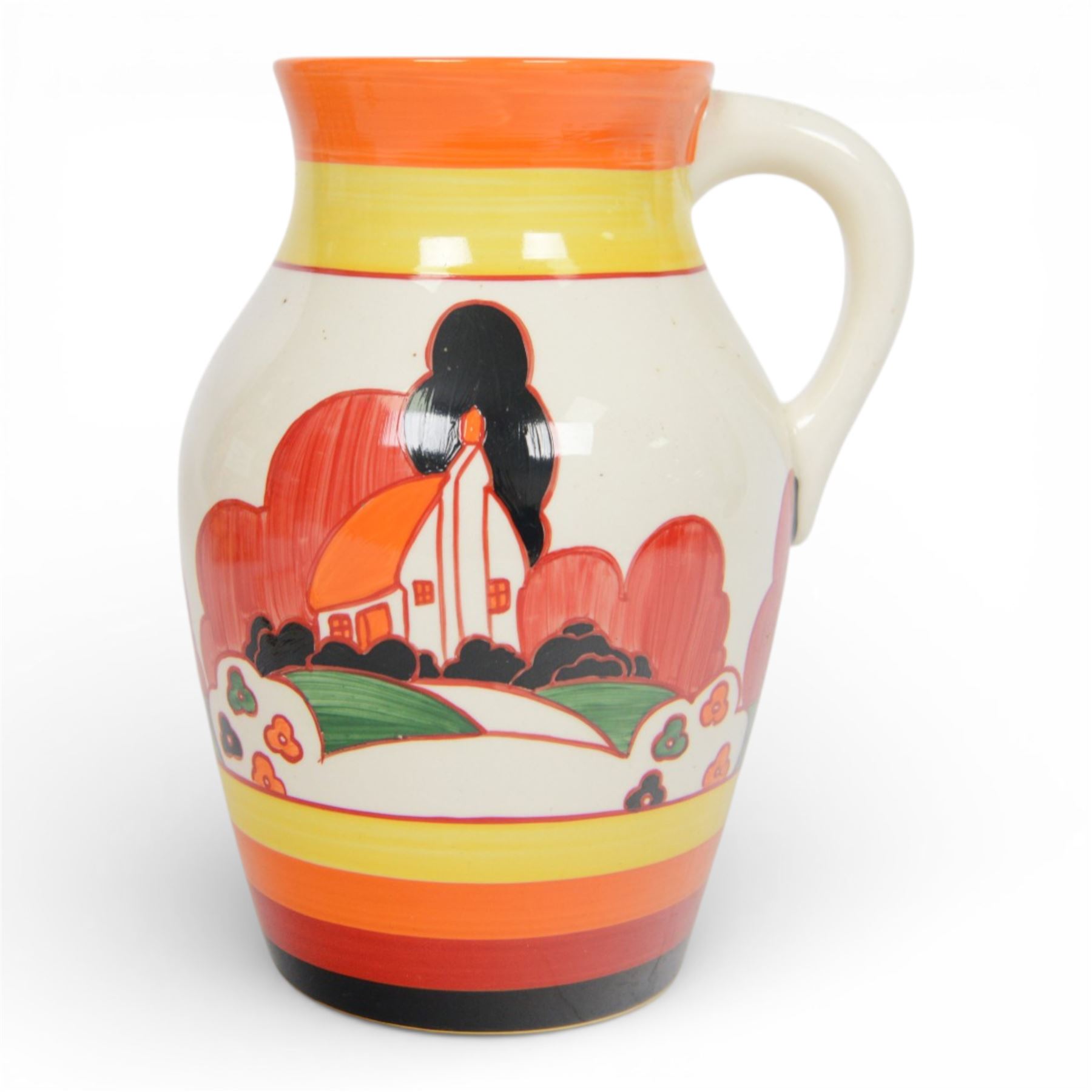 Wedgwood Bizarre by Clarice Cliff, Lotus Jug Farmhouse, hand painted based upon an original, limited edition 26/250, with certificate and box, H21cm 