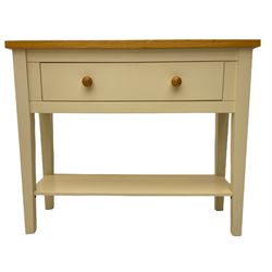White and oak console table, fitted with single drawer