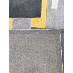 Modern blue ground rug with geometrical patterned field (150cm x 82cm) a matching runner rug (227cm x 62cm) and another rug