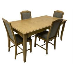 Windsor by Mark Devany oak rectangular extending dining table, with butterfly leaf, and four chairs with upholstered seats and backs