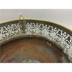 Early 20th century brass coal bucket with pierced sides, upon three pad feet, together with a pair of brass fire dogs, with flambe finials, coal bucket H27cm