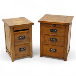 Two hardwood bedside chests,  of rectangular form, fitted with three drawers with recessed brass handles, panelled sides, and flush top, W55xD40xH68cm & W45D45xH68cm 