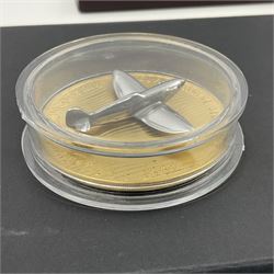 Group Captain Sir Douglas Bader gold spitfire commemorative, 9ct gold medallion mounted with a model of a Spitfire made from aluminium from AB910, gross weight 62 grams, cased with certificate