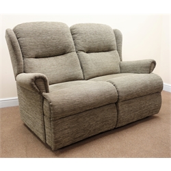  Two seat wingback sofa upholstered in natural cord fabric (W148cm) and matching reclining armchair (W84cm) (2)  