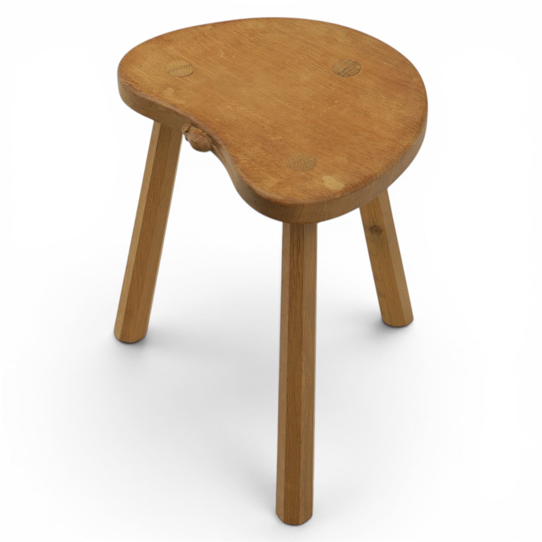 Mouseman - oak three legged cow stool, with carved mouse signature, by the workshop of Robert Thompson of Kilburn