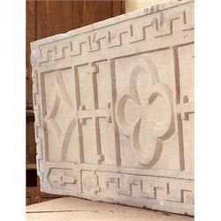 18th century carved sandstone chimneypiece transom/lintel, from a North York Moors manor house. L136cm, H51cm, D8cm. For ref. please see The HMSO Houses of the North York Moors publication.  - COLLECTION BY APPOINTMENT FROM: The White House, Thirsk Road, Easingwold, York, YO61 3NF - CALL 01723 507111 TO ARRANGE