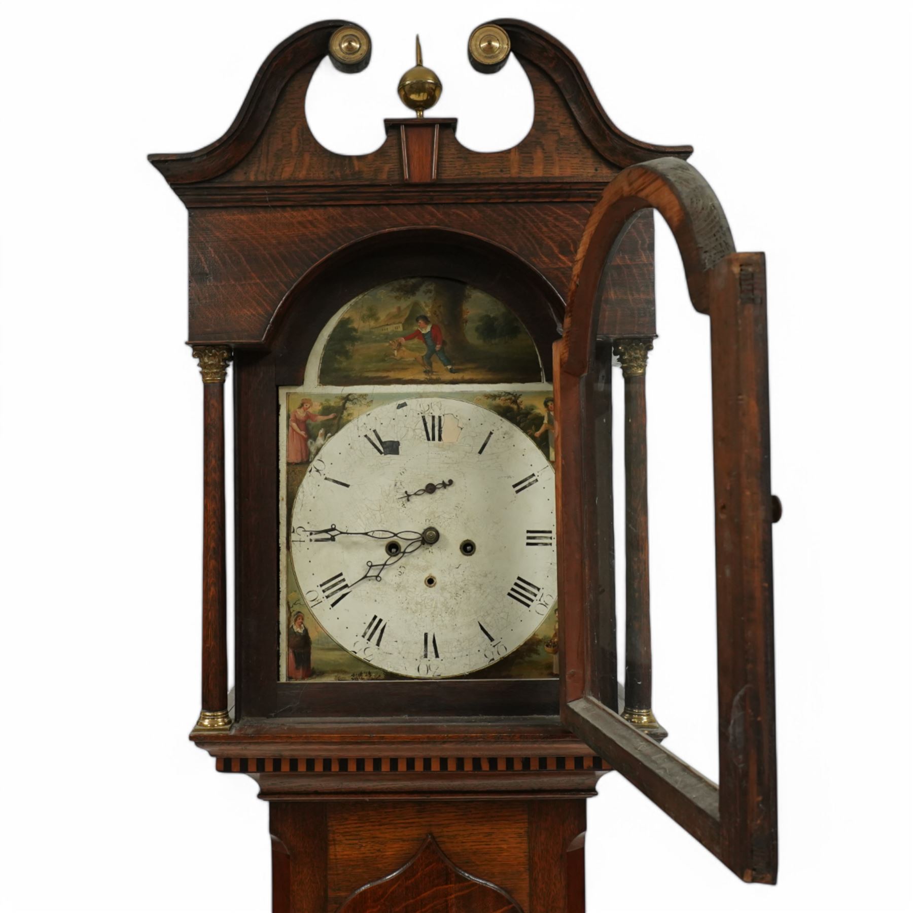 Mid-19th century-oak cased 8-day longcase clock, with a swan neck pediment, brass ball and spire finial and paterea, break arch hood door, detached pilasters with Corinthian brass capitals, trunk with canted corners and a spire topped door, square plinth with moulded feet, painted dial with images of the four seasons to the spandrels and a depiction of a boy and his dog to the arch, with Roman numerals, seconds and calendar dial and matching steel hands, dial pinned to a rack striking movement, striking the hours on a bell.