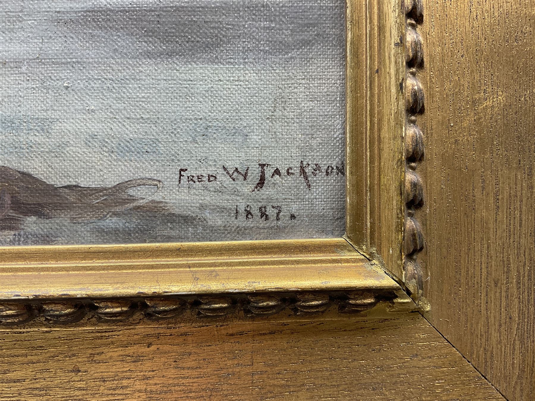 Frederick William Jackson (Staithes Group 1859-1918): 'The Harvest of the Sea', oil on canvas board signed and dated 1887, original title label verso with artist's Oldham address 24cm x 32cm