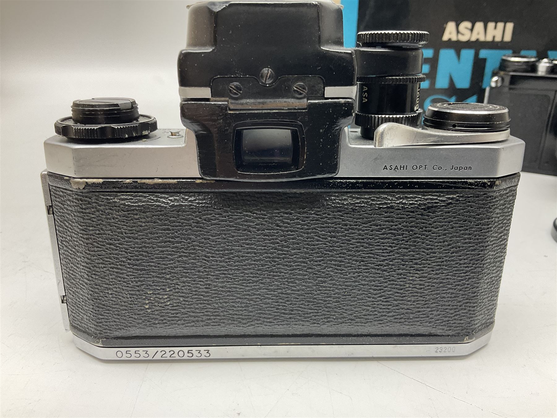 Asahi Pentax S1a camera body, serial no. 707071, with 'Super-Takumar 1:1.8/55' lens, serial no 2124044, together with Asahi Pentax Sv camera body, no. 1925617 with 'Super-Takumar 1:2/55' lens, serial no. 2770153, Asahi Pentax Meter, 'Super-Takumar 1:3.5/28' lens, serial no. 2075492 and 'Super-Takumar 1:4/150' lens, serial no. 1461613  
