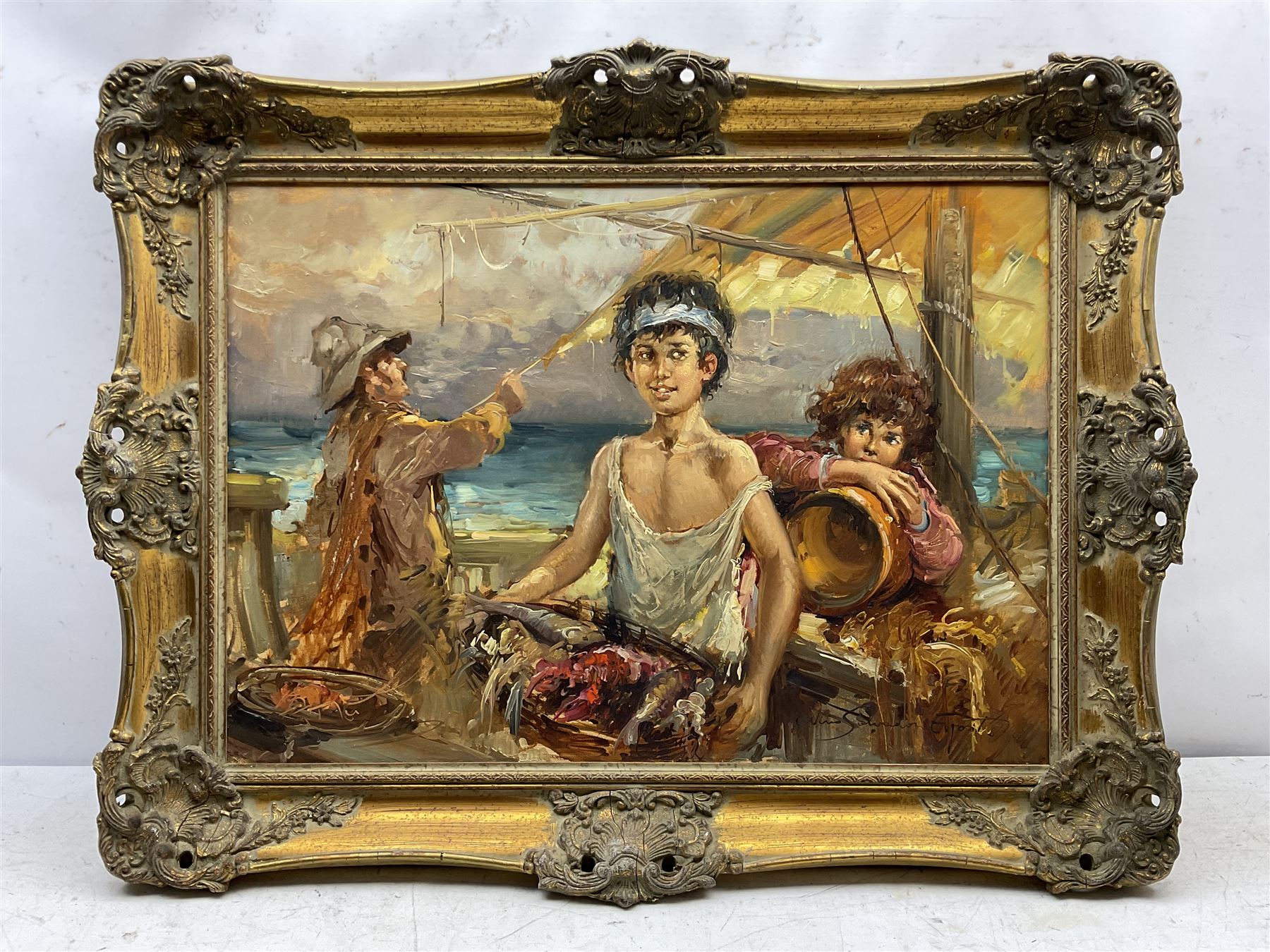 Nino Salvadori (Italian 1918-?): Young Fisherboys, oil on canvas signed 49cm x 69cm