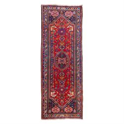 South West Persian Qashqai hand-knotted runner, madder red field  with central vertical su...
