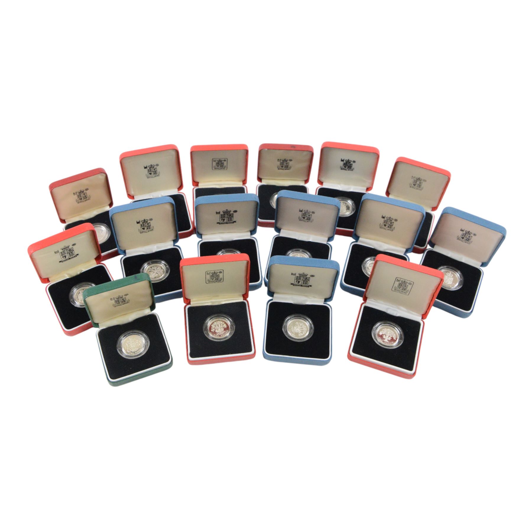 Sixteen The Royal Mint United Kingdom silver proof one pound coins, comprising 1983 (2), 1983 piedfort, 1984 piedfort, 1985 piedfort, 1986 piedfort, 1987 piedfort, 1988 (2), 1988 piedfort, 1989 (2), 1989 piedfort, 1990, 1991, and 1993 piedfort, cased with certificates