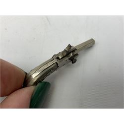 Miniature all nickel 2mm pin fire single shot pistol with engraved grip L4.5cm; together with a .925 silver half hunting cased keyless wind pocket watch inscribed 'Presented to Pte. P. Sizer By No.2 Company 1st Battalion Lincolnshire Regmt For Gallant Conduct Nr. Cork (Ireland) 31.7.20' (2)