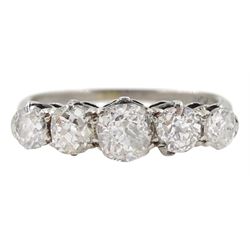Early 20th century five stone old cut diamond ring, stamped Plat, total diamond weight approx 1.75 carat