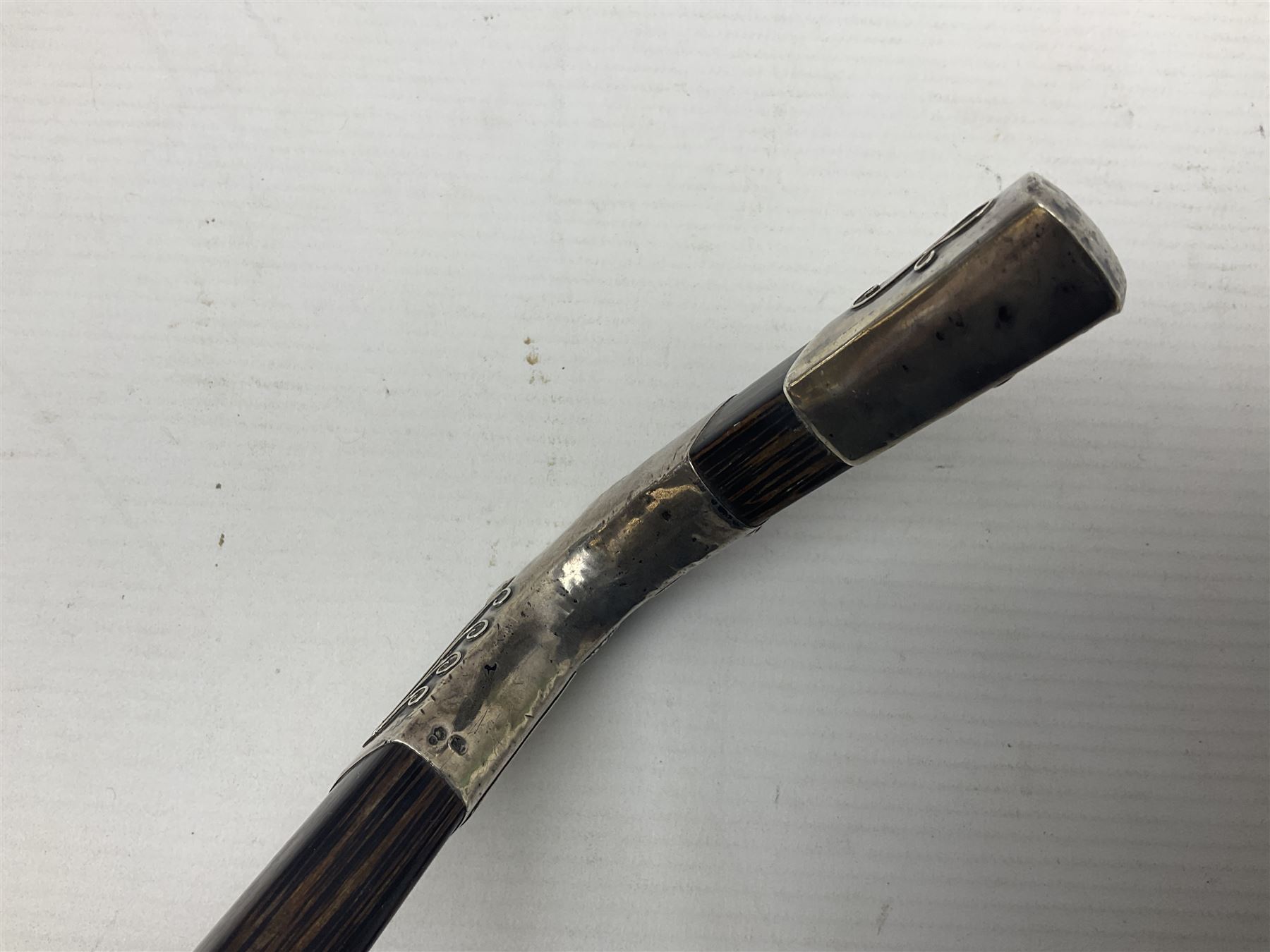 Austrian Art Nouveau zebra wood walking stick, silver covered angular handle relief decorated with stylised flowers, hallmarked Vienna c1900, makers mark LM, H84cm