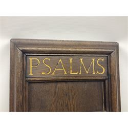 Early 20th century oak ecclesiastical church psalms and hymns board, in moulded rectangular frame, inscribed in gilt script 'Hymns' and 'Psalms', H99cm, W33cm