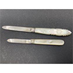 Two silver fruit knives with mother of pearl handles, hallmarked, mother of pearl tokens and similar items 