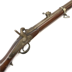  19th century French Military muzzle loading percussion cap rifled musket, approximately 20-bore, 83cm barrel stamped ELG, action stamped F.x Escoffier Entrepr. Mre Imple.A St. Etienne, with adjustable rear sight, twin straps and under barrel ram rod, L128cm overall