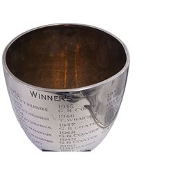 1930s silver trophy cup, of plain form, upon knopped stem and circular stepped foot, body with presentation engraving 'Cloughton and Burniston Sweet Pea Challenge Cup' with winners engraved verso, hallmarked Walker & Hall, Sheffield 1931, upon ebonised base, including base H28.7cm