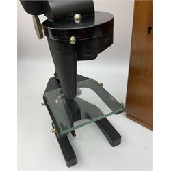 Charles Perry binocular microscope 'Classic No 1', with pitchfork base and rack and pinion focusing, in original fitted mahogany case with additional lenses, H44cm