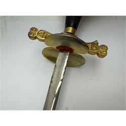 Ceremonial sword, the 75cm blade marked Toledo, Spain, gilt handle with black wire-bound grip  with leather scabbard with gilt tip, L94cm 