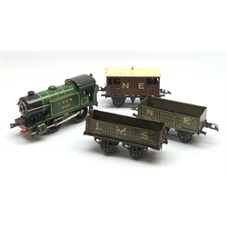 Hornby '0' gauge - three-rail No.1 Special 0-4-0 tank locomotive in LNER green No.2162; together with two open planked wagons and brake wagon (4)