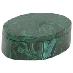 Mosaic malachite trinket box, of rectangular form, the hinged cover opening to reveal a black velvet interior, together with a smaller oval malachite box with removable cover, hinged box H4cm