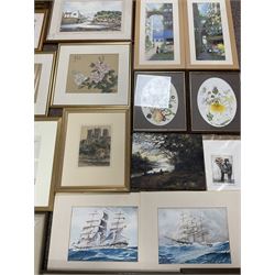 Collection of watercolours and other pictures, artists including FW Ridley (pair), AD Bell (pair unframed), James Orrock, Mel Fowler, Gianni, Michael Major (of Scalby Mills near Scarborough), still life oil in gilt frame, Whistler print, Japanese paintings on silk, etc