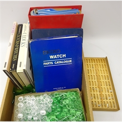  Horological books & catalogues and wristwatch parts including Seiko Watch Parts Catalogue, wristwatch faces and other parts   