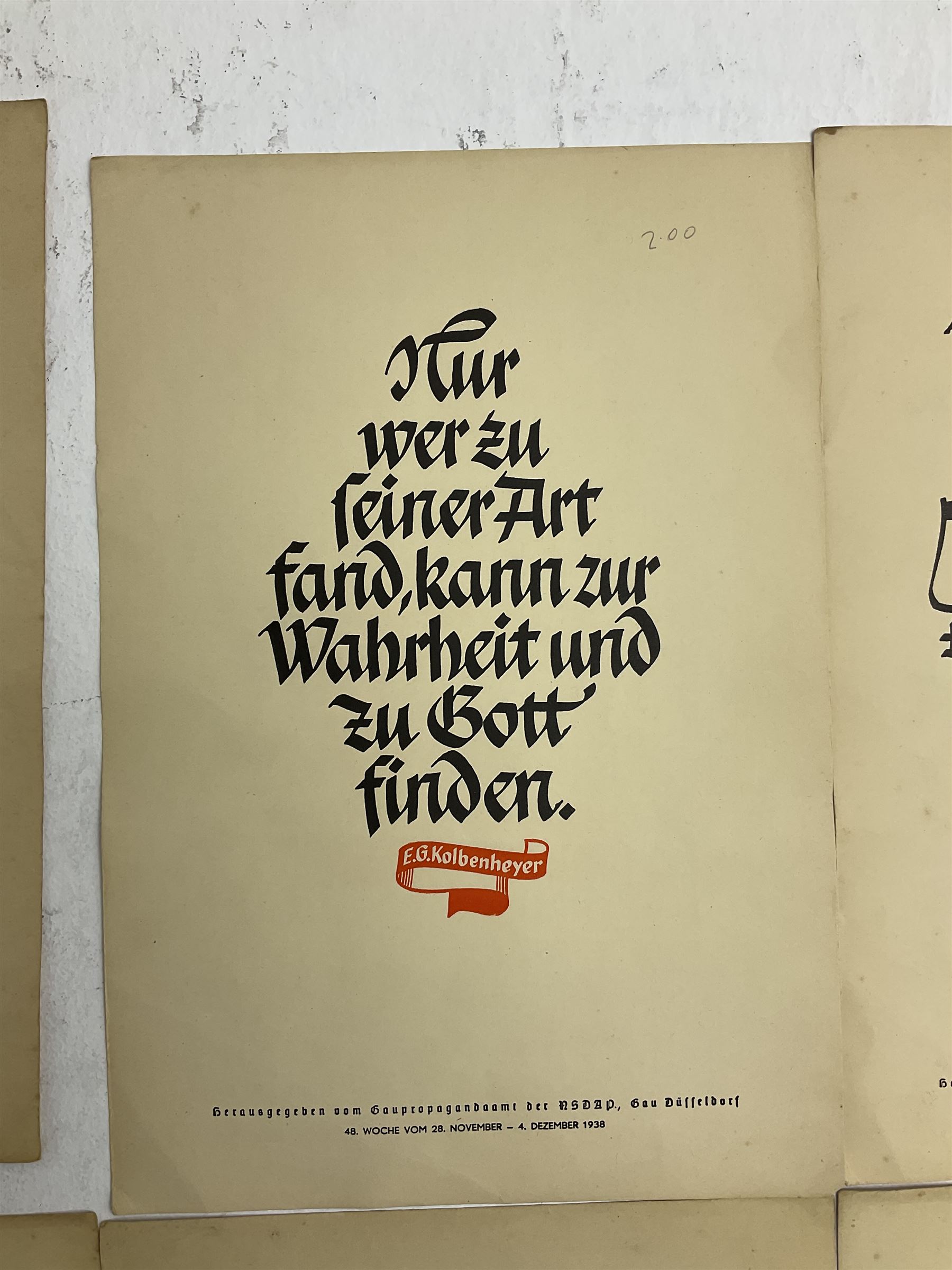 Collection of eight pre-WW2 German Propaganda poster style cards each printed in black and red with sayings by NSDAP leaders and German historical leaders,  featuring quotes by Adolf Hitler, von Goethe, Rosenberg, Magnus Wehner, Moltke, Kolbenheyer etc, each dated 1938 35 x 23.5cm unframed (8)