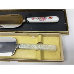 Collection of silver-plated cutlery including cased set of six EPNS cake forks, Royal Crown Derby pie server, sugar tongs, ladles, etc