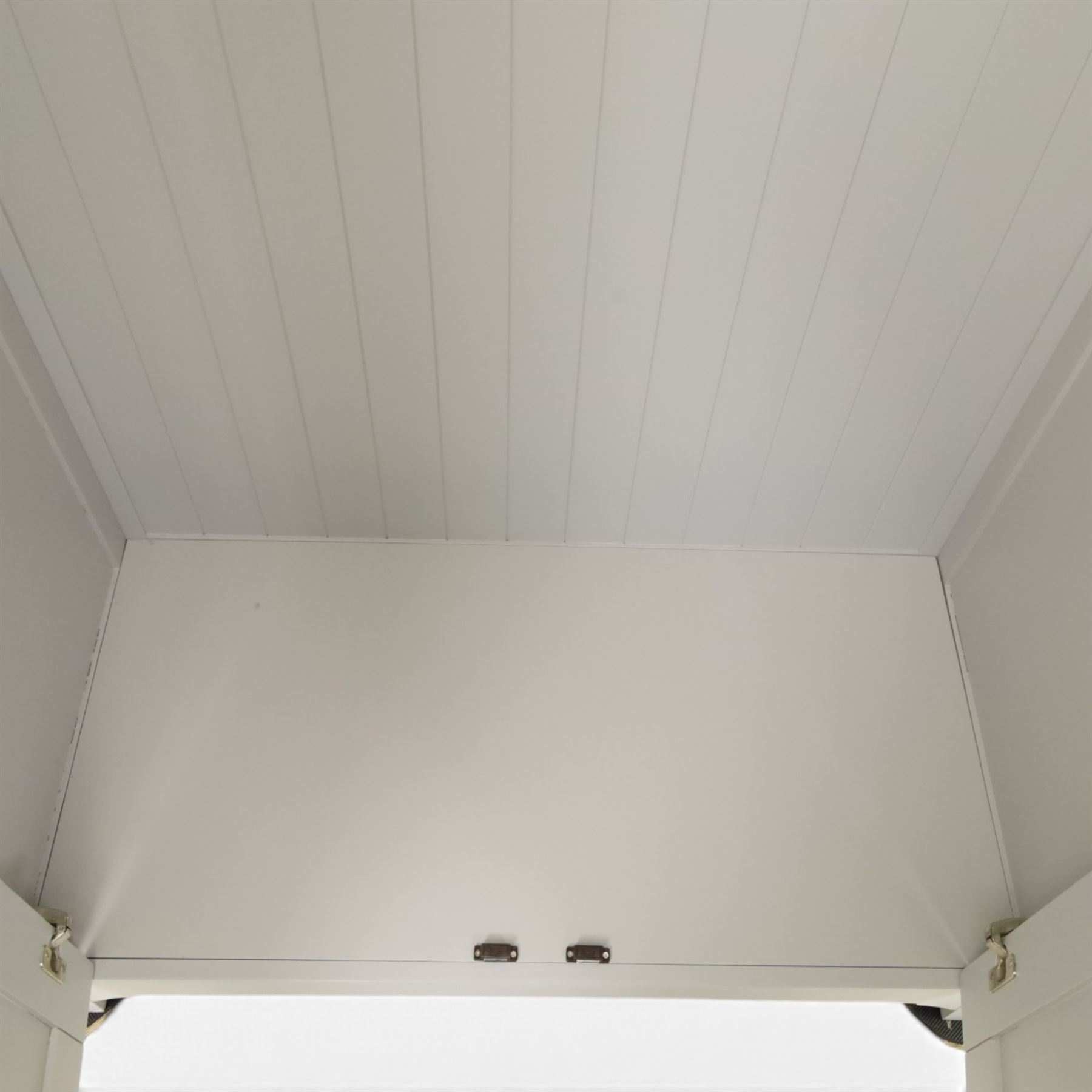 Barker & Stonehouse - Grey painted double wardrobe, with projecting oak cornice, fielded panelled doors, with wooden hanging rail, raised on bracket feet
