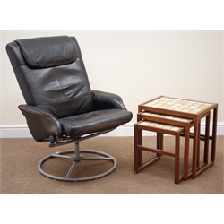  Retro leather swivel chair, circular metal support (W70cm) and teak nest of tables, tiled top (W47cm, H48cm, D35cm)  
