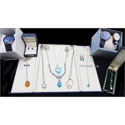 Silver stone set jewellery including turquoise necklaces and pair of earrings, blue topaz ring, opal ring and necklace, amber necklace and cubic zirconia necklaces, all stamped or tested and three Skagen wristwatches 
